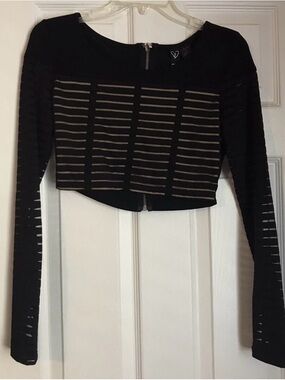 Black Stripe Cutout Long-Sleeve Crop Top
